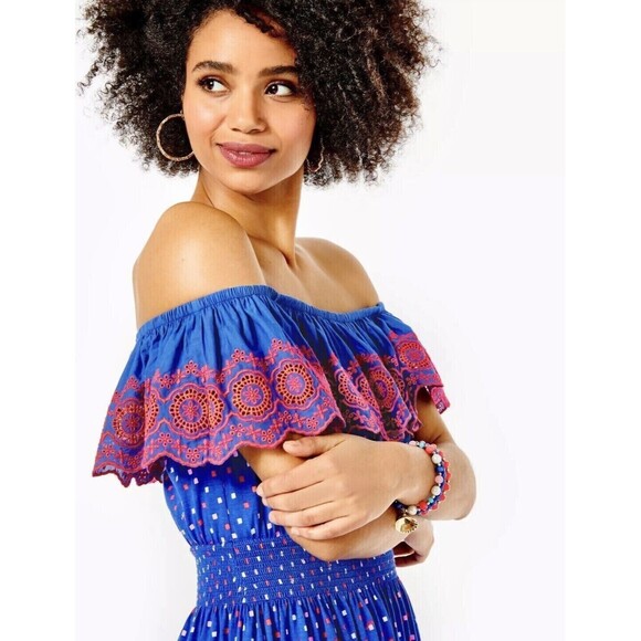 270296 Lilly Pulitzer Kalama Off-The-Shoulder Smocked Mini Dress Embroidered L - Picture 3 of 9